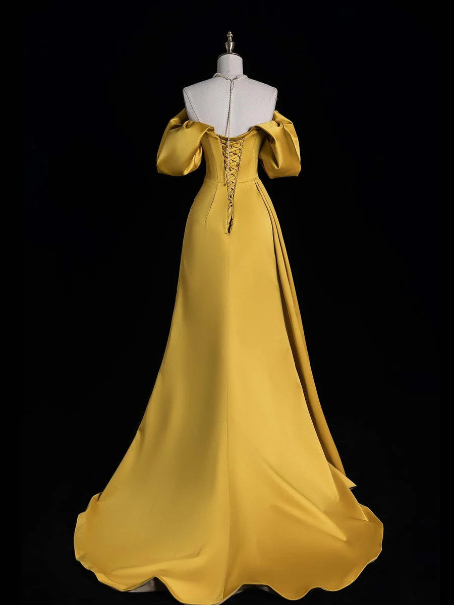 Gold Satin Off Shoulder A-Linie Ballkleid Partykleid Abendkleid nv4277