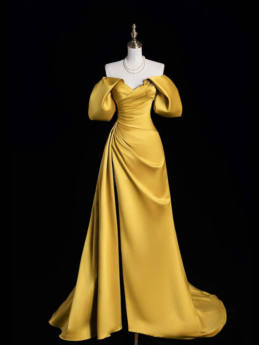 Gold Satin Off Shoulder A-Linie Ballkleid Partykleid Abendkleid nv4277