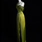 Cute Green Satin Ball Gown A-Line Long Slit Party Dress nv4284