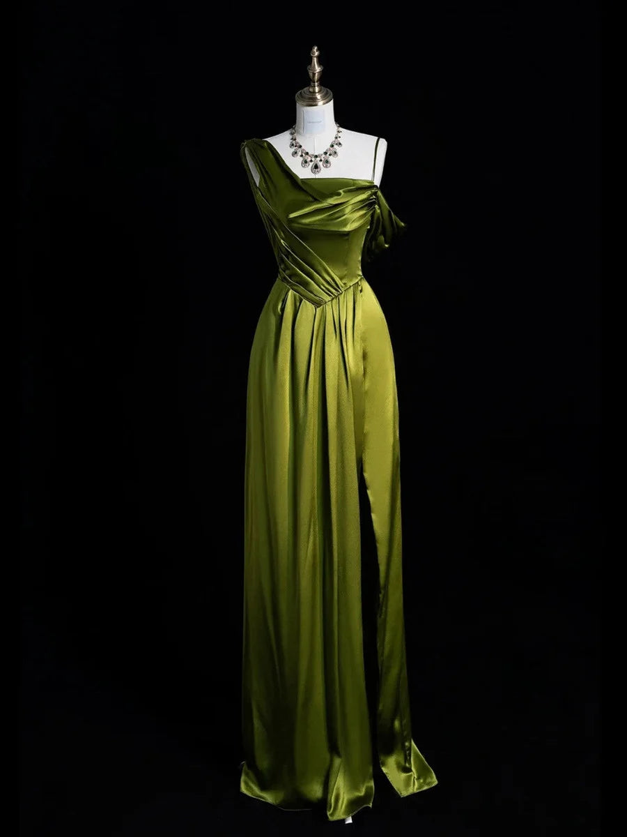 Cute Green Satin Ball Gown A-Line Long Slit Party Dress nv4284
