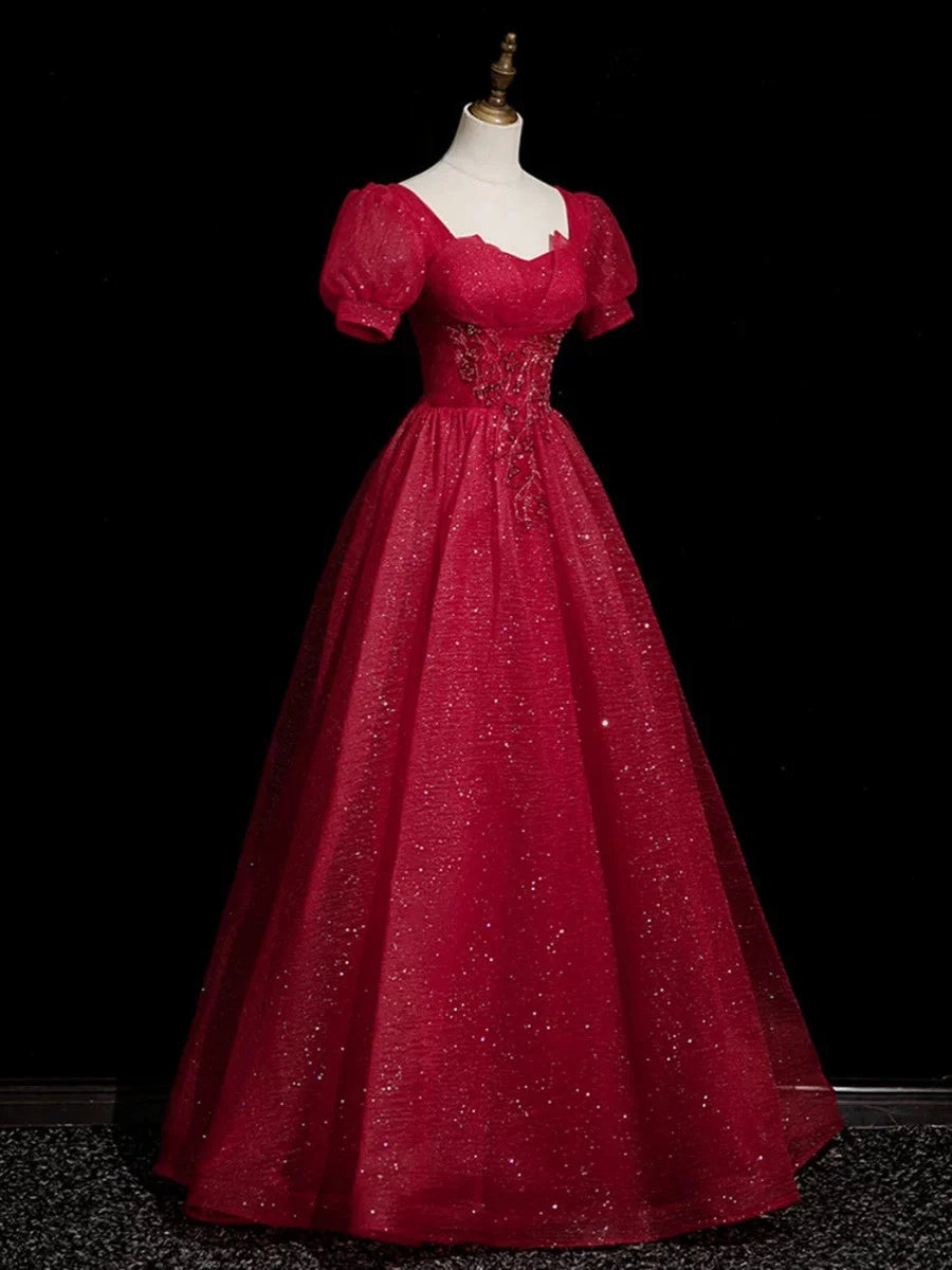 Robe de soirée trapèze bordeaux à manches courtes et perles, en tulle, longue, robe de bal, nv4280