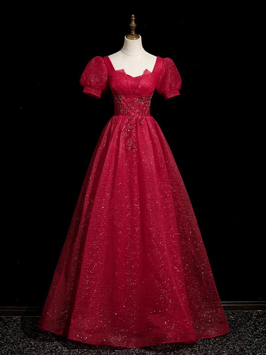 Robe de soirée trapèze bordeaux à manches courtes et perles, en tulle, longue, robe de bal, nv4280