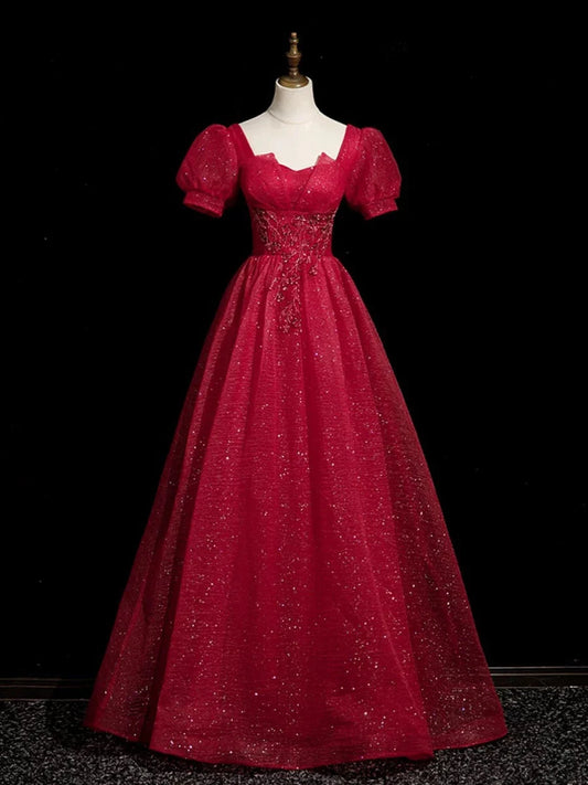Burgunderrotes, kurzärmliges A-Linien-Partykleid mit Perlenbesatz, langes Tüll-Ballkleid, Abendkleid, nv4280