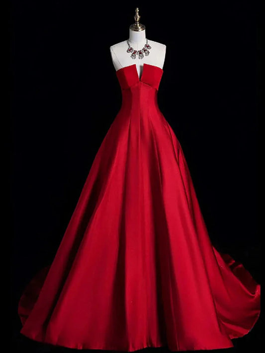 Rotes A-Linien-Kleid aus Satin mit schulterfreier Spitze und Schleife, Partykleid, Abendkleid, NV4281