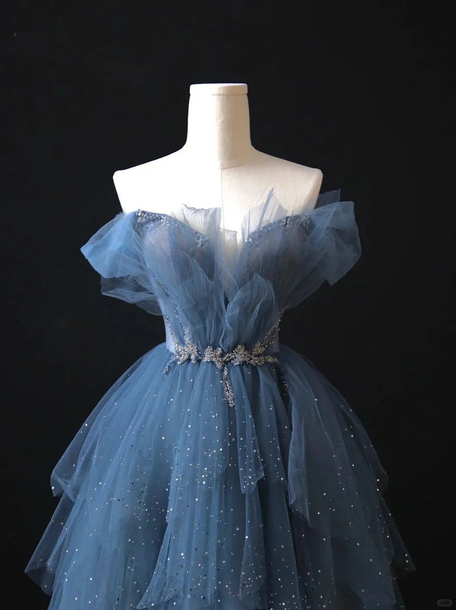 Gorgeous Blue Multi-layer Beaded Off-shoulder Ball Gown Tulle Long Evening Dress nv4278