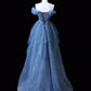 Gorgeous Blue Multi-layer Beaded Off-shoulder Ball Gown Tulle Long Evening Dress nv4278
