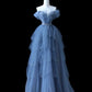 Gorgeous Blue Multi-layer Beaded Off-shoulder Ball Gown Tulle Long Evening Dress nv4278
