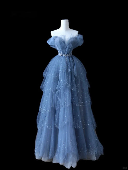 Wunderschönes blaues, mehrlagiges, schulterfreies Ballkleid aus Tüll mit Perlenbesatz, langes Abendkleid nv4278