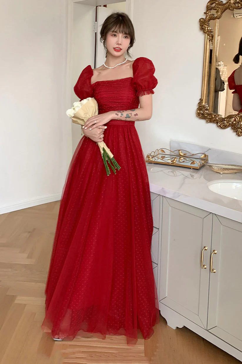 Rotes A-Linien-Abendkleid aus schlichtem, elegantem Tüll, langes Ballkleid, nv3005