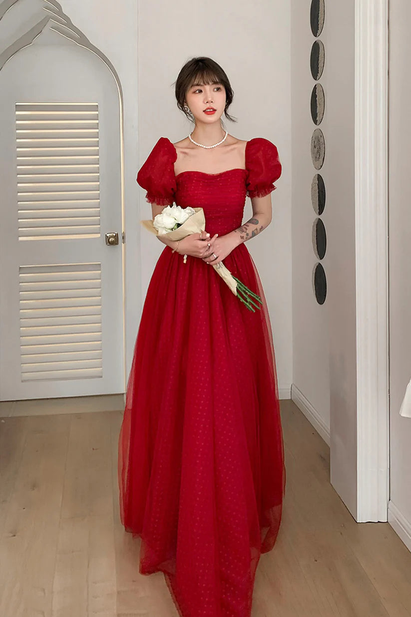 Rotes A-Linien-Abendkleid aus schlichtem, elegantem Tüll, langes Ballkleid, nv3005