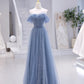 Blaues trägerloses langes Ballkleid aus Tüll, blaues Abendkleid in A-Linie nv1431