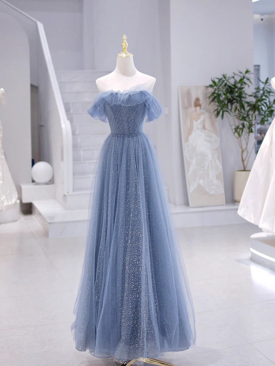 Blaues trägerloses langes Ballkleid aus Tüll, blaues Abendkleid in A-Linie nv1431