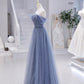 Blaues trägerloses langes Ballkleid aus Tüll, blaues Abendkleid in A-Linie nv1431