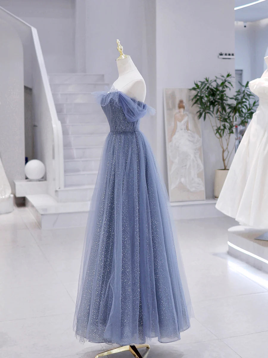 Blaues trägerloses langes Ballkleid aus Tüll, blaues Abendkleid in A-Linie nv1431