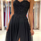 Schwarzes langes Ballkleid aus Chiffon und Spitze, trägerloses Abendkleid in A-Linie, nv1464