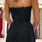 Schwarzes langes Ballkleid aus Chiffon und Spitze, trägerloses Abendkleid in A-Linie, nv1464