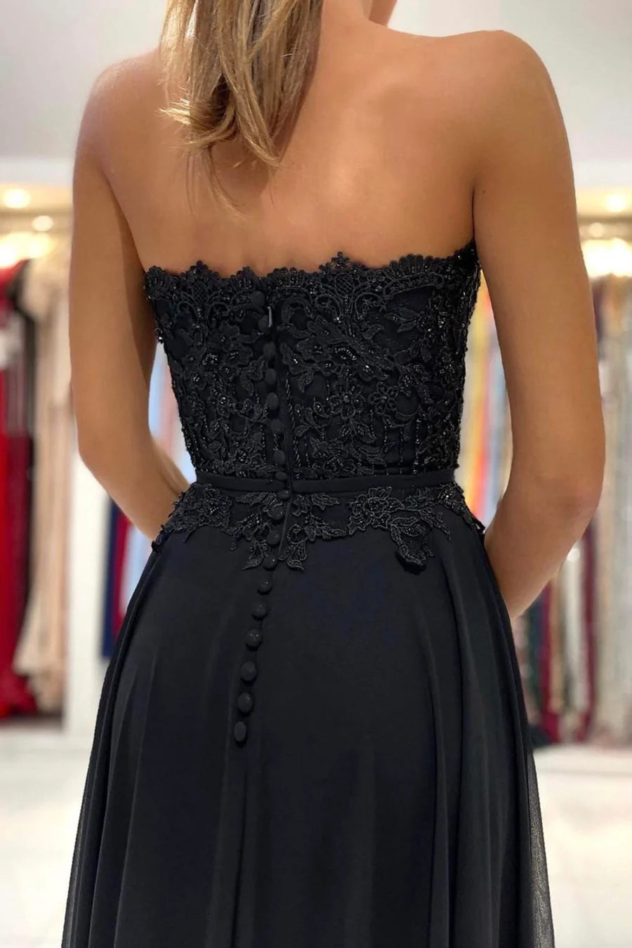 Schwarzes langes Ballkleid aus Chiffon und Spitze, trägerloses Abendkleid in A-Linie, nv1464