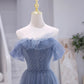 Blaues trägerloses langes Ballkleid aus Tüll, blaues Abendkleid in A-Linie nv1431