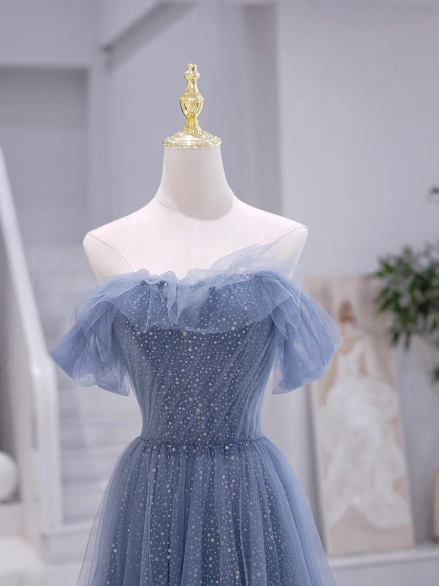 Blaues trägerloses langes Ballkleid aus Tüll, blaues Abendkleid in A-Linie nv1431