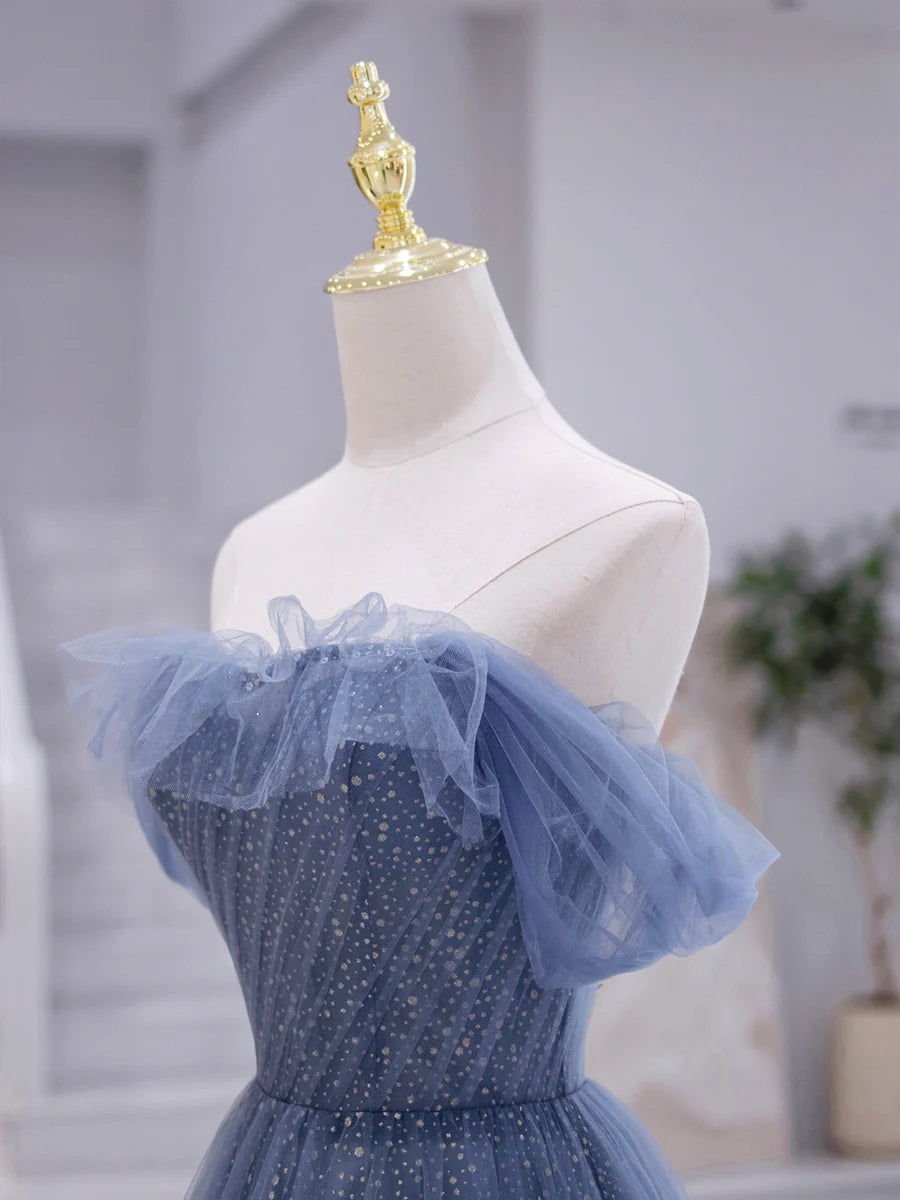 Blaues trägerloses langes Ballkleid aus Tüll, blaues Abendkleid in A-Linie nv1431