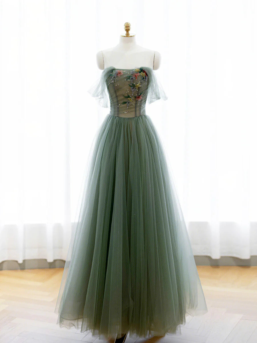Robe de soirée longue en tulle vert coupe A, robe de soirée à épaules dénudées nv1601