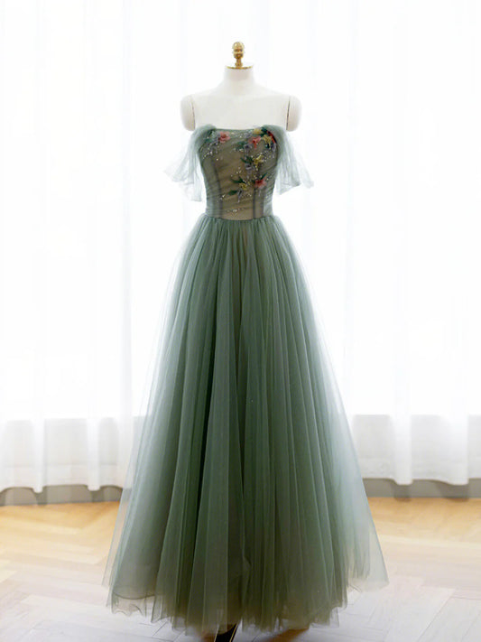 Robe de soirée longue en tulle vert coupe A, robe de soirée à épaules dénudées nv1601