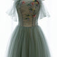Robe de soirée longue en tulle vert coupe A, robe de soirée à épaules dénudées nv1601
