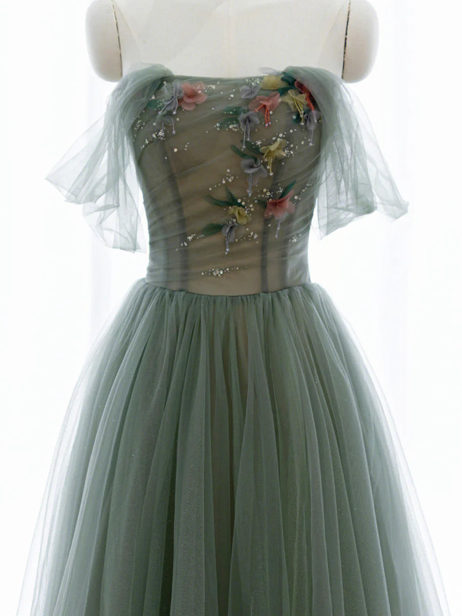 Robe de soirée longue en tulle vert coupe A, robe de soirée à épaules dénudées nv1601
