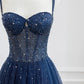 Blue Spaghetti Strap Tulle Sequins Long Prom Dress, Beautiful A-Line Evening Party Dress nv1424