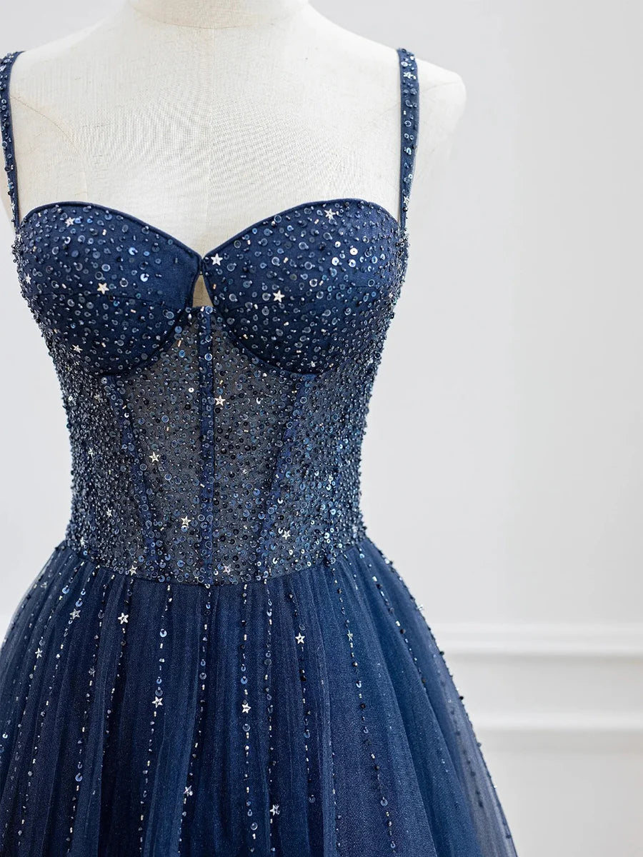 Blue Spaghetti Strap Tulle Sequins Long Prom Dress, Beautiful A-Line Evening Party Dress nv1424