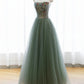 Robe de soirée longue en tulle vert coupe A, robe de soirée à épaules dénudées nv1601