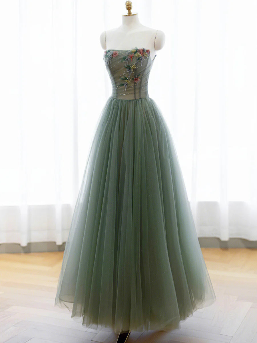 Robe de soirée longue en tulle vert coupe A, robe de soirée à épaules dénudées nv1601