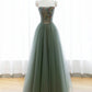 Robe de soirée longue en tulle vert coupe A, robe de soirée à épaules dénudées nv1601