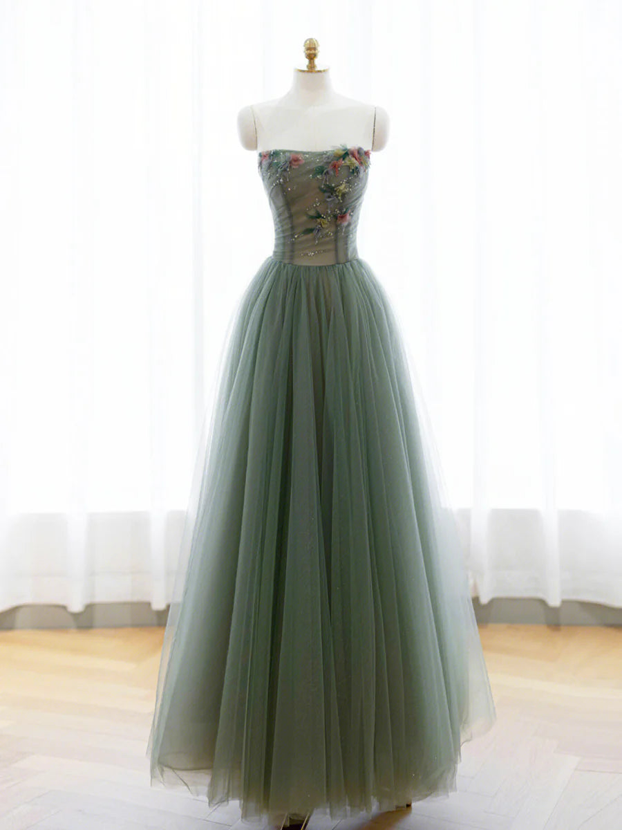 Robe de soirée longue en tulle vert coupe A, robe de soirée à épaules dénudées nv1601