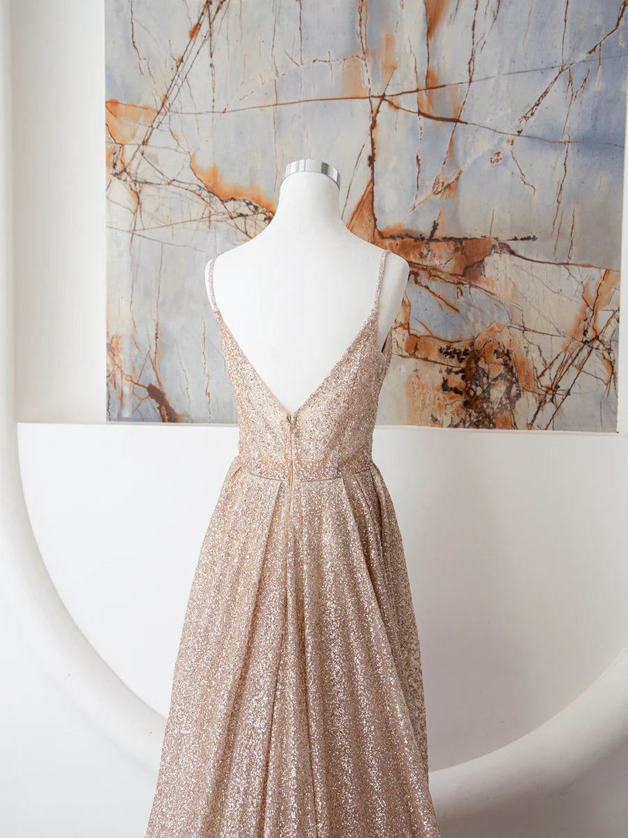 Champagne Spaghetti Strap Sequins Long Prom Dress, Shiny V-Neck Evening Dress nv1434