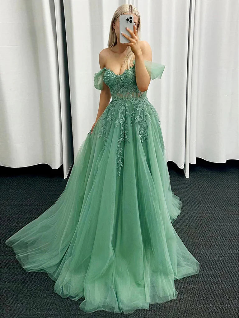 A-Linie, schulterfrei, langes Ballkleid aus Tüll in Grün, langes Abendkleid aus grüner Spitze, nv1490