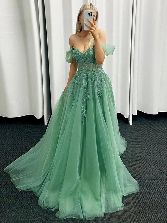A-Linie, schulterfrei, langes Ballkleid aus Tüll in Grün, langes Abendkleid aus grüner Spitze, nv1490