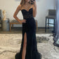 Robe de soirée longue en dentelle noire avec fente, robe de soirée noire sans bretelles nv1442
