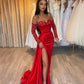 Rotes Etui-Ballkleid mit herzförmigem Ausschnitt und Pailletten, lange Ärmel, rotes Abendkleid nv1438