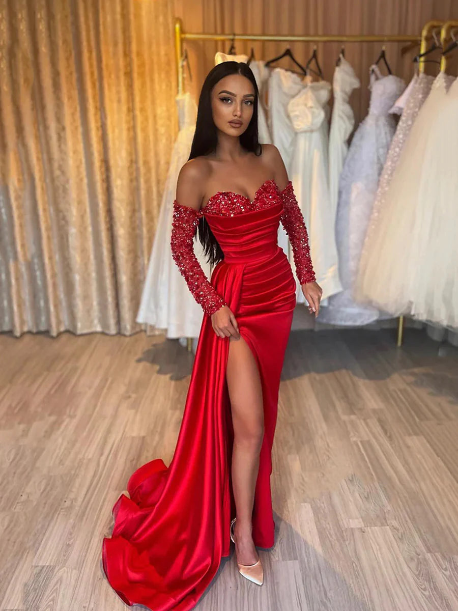 Rotes Etui-Ballkleid mit herzförmigem Ausschnitt und Pailletten, lange Ärmel, rotes Abendkleid nv1438
