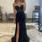 Robe de soirée longue en dentelle noire avec fente, robe de soirée noire sans bretelles nv1442