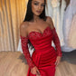 Rotes Etui-Ballkleid mit herzförmigem Ausschnitt und Pailletten, lange Ärmel, rotes Abendkleid nv1438
