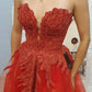 Red Strapless Lace Beading Long Prom Dresses, Red Evening Dresses nv1459
