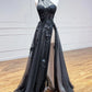 Robe de bal longue en tulle et dentelle noire, robe de soirée asymétrique avec fente nv1588