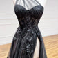 Robe de bal longue en tulle et dentelle noire, robe de soirée asymétrique avec fente nv1588