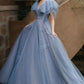 Langes A-Linien-Ballkleid aus blauem Tüll, süßes Abend- und Partykleid mit V-Ausschnitt nv1594