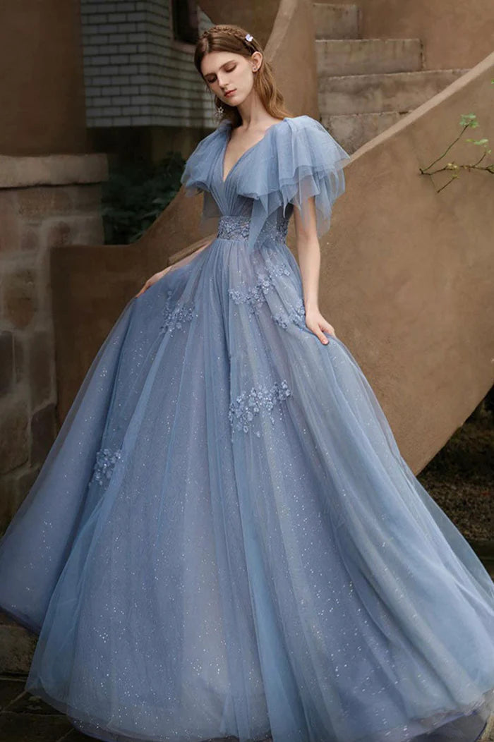 Langes A-Linien-Ballkleid aus blauem Tüll, süßes Abend- und Partykleid mit V-Ausschnitt nv1594
