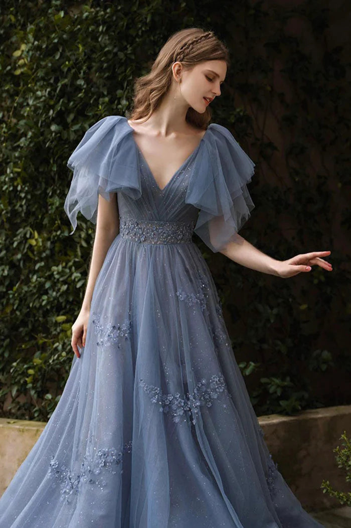 Langes A-Linien-Ballkleid aus blauem Tüll, süßes Abend- und Partykleid mit V-Ausschnitt nv1594