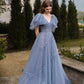 Langes A-Linien-Ballkleid aus blauem Tüll, süßes Abend- und Partykleid mit V-Ausschnitt nv1594