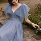 Langes A-Linien-Ballkleid aus blauem Tüll, süßes Abend- und Partykleid mit V-Ausschnitt nv1594